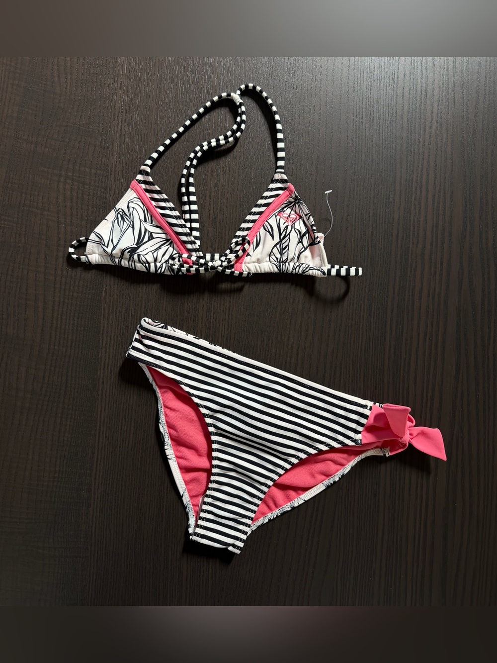 Girls Black & White Stripe Two-Piece Swimsuit with Pink Accents